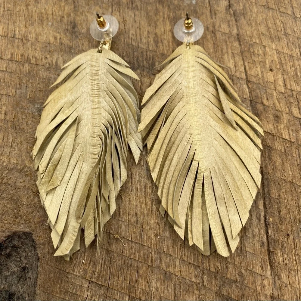 Faux Leather Beige Fringed Feather Earrings